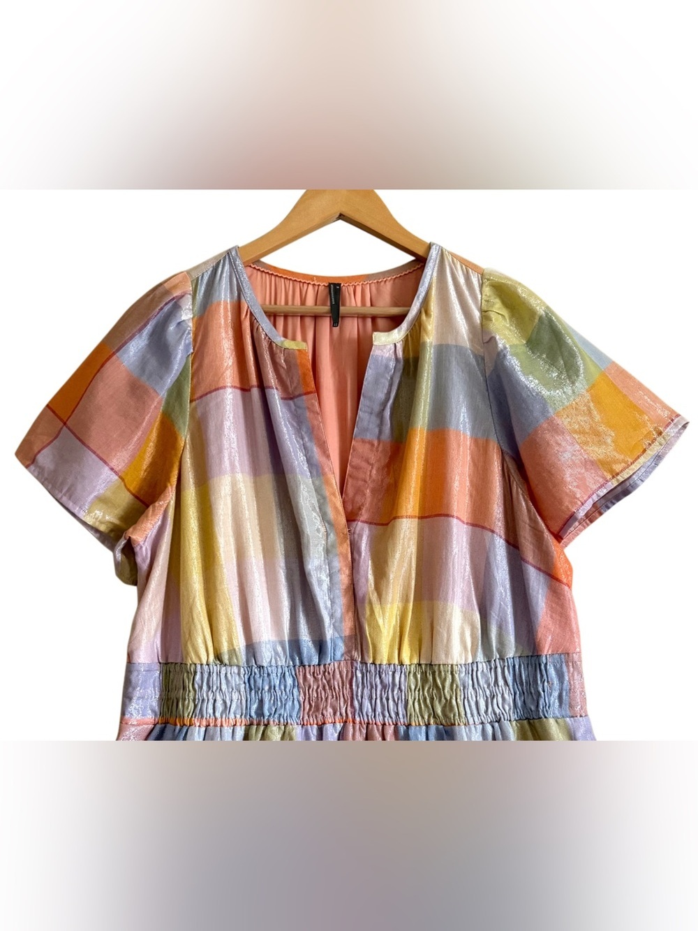 ANTHROPOLOGIE Multicolored Feminine Pastel Plaid Metallic Somerset Mini Dress 2X - Picture 3 of 11